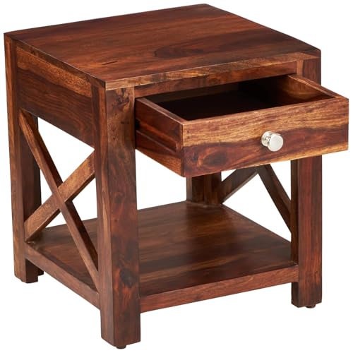 Image of Amazon Brand - Solimo Finzi Solid Sheesham Wood Bedside Table with 1 Drawer and 1 Shelf for Home (Natural Finish)