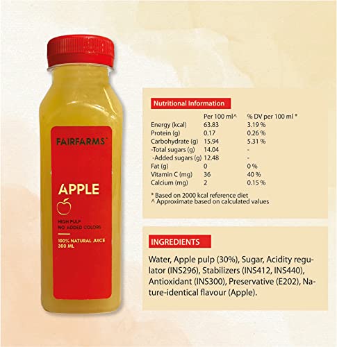 Image of Fairfarms Apple juice |No artificial colour| Enriched with Apple fruit pulp - Fresh and Refreshing | FarmFresh (Pack of 9 X 300ml)