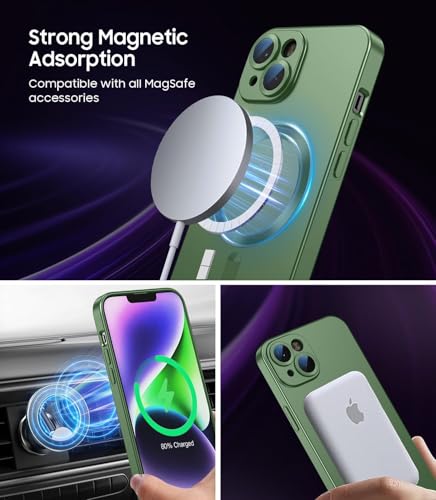 Image of DIZORO Magnetic Case for iPhone 14 Cover [Compatible with MagSafe][Built-in Camera Lens Protector] Slim Soft Silicone Bumper Shockproof Metallic Luster Back Cover Phone Cases (Green)