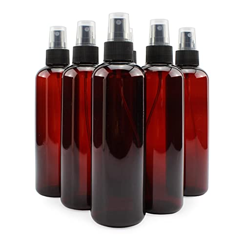 Cornucopia 8oz Amber Brown Plastic Spray Bottles with Fine Mist Atomizers (6-Pack); for DIY Home Cleaning, Aromatherapy, & Beauty Care
