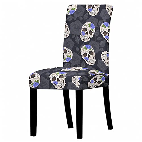 Chickwin Fundas para Sillas de Comedor 1/2/4/6/8 Piezas, Cráneo Esqueleto Impresión Fundas para Silla Ajustables Elastica Universales Respaldo...