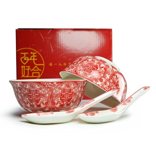 Image of Liang baobao Bowl Spoon Gifts Set Chinese Wedding Party Porcelain Tableware Set (Paper-cut style 囍)