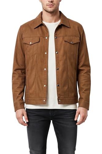 Image of Men's Faux Suede Leather Jacket with Fur Lining, Snap Button Closure, Brown, Lightweight with Chest and Side Pockets