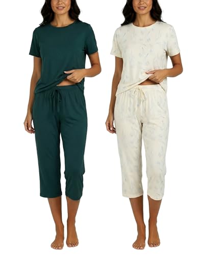 Image of Real Essentials 2 Pack: Womens Pajamas Short Sleeve Sleepwear Tops and Capri Pants Pjs Print Pajama Sets (Available In Plus)