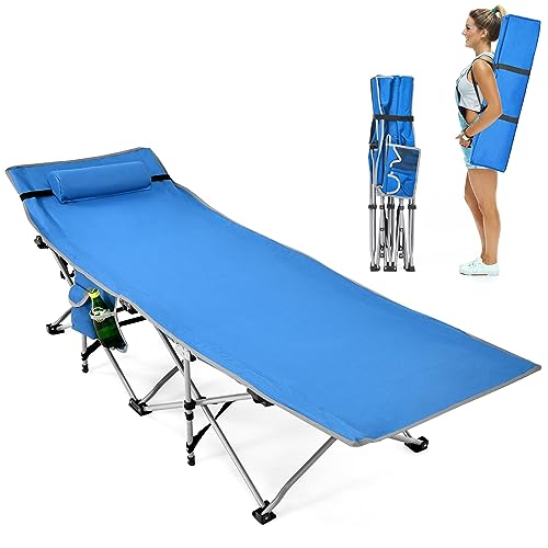 GYMAX Camping Cot, Folding Portable Lightweight Sleeping Cot with Pillow, 2 Side Pockets & Carrying Bag, 500 lbs Heavy Duty Outdoor Cot Bed for Camping Hiking RV Traveling Beach Office (Blue)