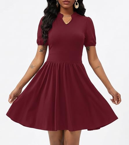 Image of Women's V Neck Summer Dress Puff Short Sleeve Flowy Stretchy Flowy Comfort Fit for Daily Wear Work Midi Casual Dresses