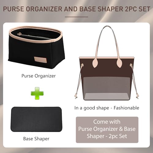 Image of Doxo Purse Organizer Insert & Base Shaper 2pc Set, Felt Handbag Bag Fit LV Speedy Neverfull (L-Black)