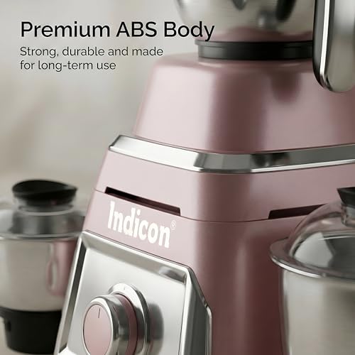 Image of indicon Thar 1HP (1000 Watts) Mixer Grinder, 3 Jars, Black | Heavy Duty Copper Motor for Grinding, Blending & Mixing | Stainless Steel Blades, Multi-Speed, Durable Kitchen Power Tool (Rose Gold)