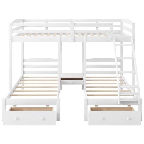 Image of VilroCaz Wood Bed Bunk Bed with 2 Storage Drawers for 3, Full Over Twin & Twin Bunk Bed Frame with Built-in Middle Drawer, Guardrail and Ladder for Kids Teens Adults, Maximized Space Design