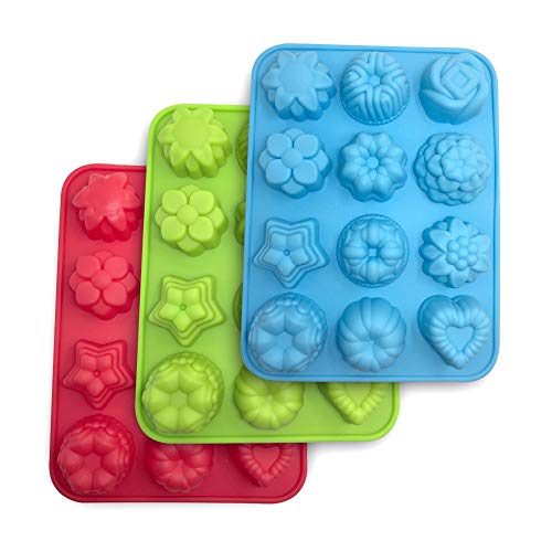 3 Pack Silicone Flower Molds for Baking - Non-Stick 12-Cavity Cupcake, Muffin, Chocolate, Jelly, Pudding, Candy - Blue, Green, Red