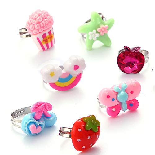 24Pcs little girls jewelry rings with box, little girls rings adjustable, kids rings for girls, girl pretend play and dress up rings no duplication, little girls gift with snap hair clips/hair tie