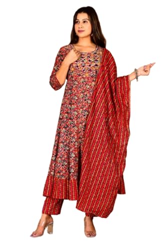 Image of Women's Cotton Embroidered Anarkali Kurta with Pant & Dupatta Set