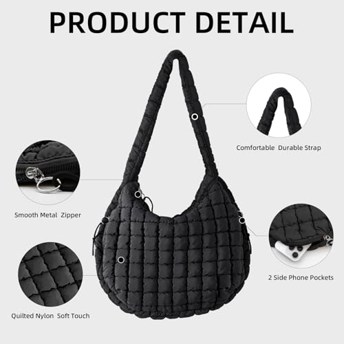 Image of Puffer Quilted Shoulder Bag Large Puffer Tote Bag for Women,Hobo Quilted Tote Bag Crossbody Shoulder Handbags Puff Purse