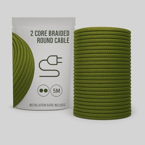 Câble électrique rond textile vert kaki pour suspendre une lampe industrielle