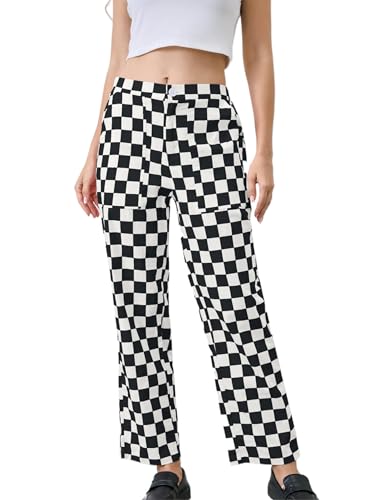 Womens Checkered Pants Zip Off Plaid Gingham Pants Casual Elastic High Waist Straight Leg Jeans with Pockets