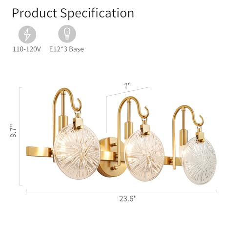 Image of WUZUPS 3-Light Bathroom Light Fixture Over Mirror Morden Vanity Wall Sconces Clear Glass Shade for Bedroom Living Room, E12 Base, Brass Gold