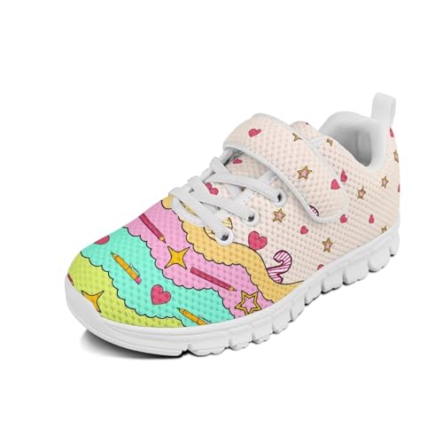 Boys Girls Sneakers Kids Lightweight Breathable Strap Athletic Running Shoes for Little Kid/Big Kid Pencil Star Love Pattern（White Sole）