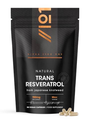 Natural Trans-Resveratrol Max Dosage - 90 Vegan Capsules - from 300mg Japanese Knotweed 50:1 Extract - High Strength Polygonum Cuspidatum Supplement 3 Months Supply - By Alpha01