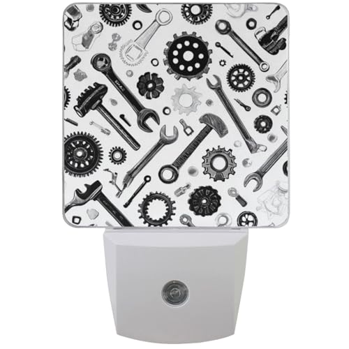 Pigsaly Led Night Light Black Tools Wrenches Gears Bolts Night Light Plug in Wall Lamp Smart Dusk to Dawn Sensor Nightlight Led Lamp Energy Saving Lights Gift