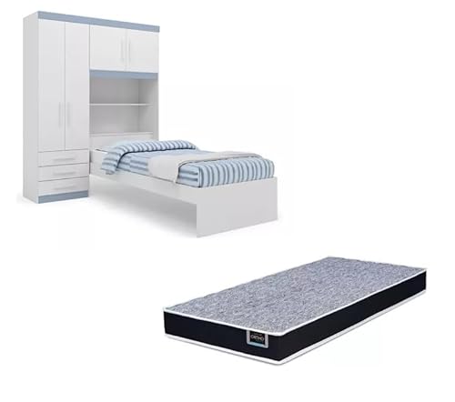 Kit Guarda Roupa de Solteiro Azul com Cabeceira Baú + Cama de Solteiro Acoplada + Colchão de Solteiro Espuma D28 - AV