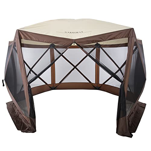 Gardimax Pop Up Gazebo Screen House Tent for Camping, 12’x12′ 6 Sided Instant Canopy Shelter Gazebo Screen House 8-10 Person, for Backyard, Camping and Outdoor, Coffee