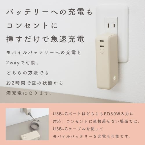 MOTTERU コンセント一体型 モバイルバッテリー 10000mAh PD30W入出力 2in1 残量表示ディスプレイ PSE適合製品 MOT-MBAC10001-EC の商品画像 3