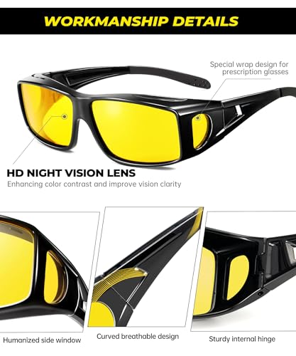 Night Vision Glasses, Fit Over Glasses Mens Womens, Wrap Around Anti Glare HD Night Vision Lens for Men Women3