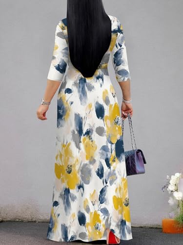 Image of PinkPatty Plus Size Maxi Dress for Women Casual V Neck 3 /4 Sleeve Boho Printed Long Dress with Pockets