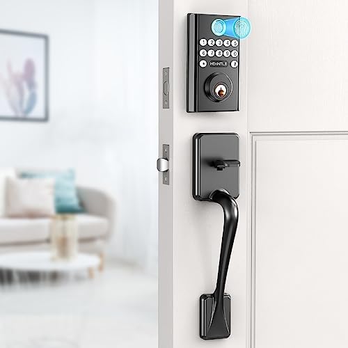 Keypad Front Door Lock Set with Handle, HEANTLE Fingerprint Smart Lock Deadbolt, Keyless Entress Digital Lock, Auto Lock, Electronic Door Lock Black