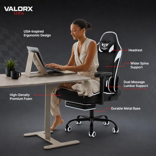 Image of ValorX USA Striker 2026 Edition | Ergonomic Gaming & Office Computer Chair | Premium PU Leather | Dual Massager Back Support | Adjustable Neck & Lumbar Pillow | Ergo Sync Armrests | Footrest (White)