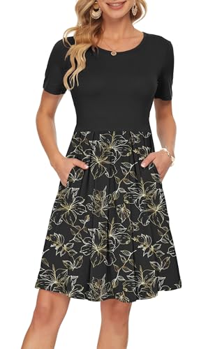 AUSELILY Robe décontractée à Manches Courtes plissée avec Poches Longueur Genou Feuille d‘Or Noir 2XL