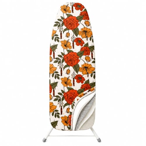 MinoCino Funda para Tabla de Planchar Ajustable 125 x 45 cm, Funda Gruesa con Relleno de Fieltro de 6 mm, cordón Ajustable, Tiras de Gancho y Bucle y Estampado Floral