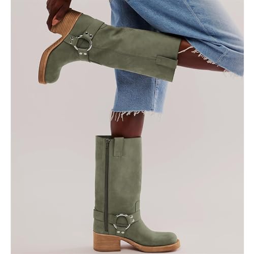 Image of Women's Knee High Riding Boots Round Toe Block Heel Fashion Motorcycle Booties Side Zipper Wide Calf Biker Riding Boots with Studs