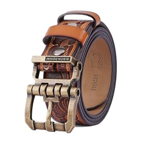 BISON DENIM Men’s Genuine Leather Casual Belt, Classic Western Cowboy Dress Belts