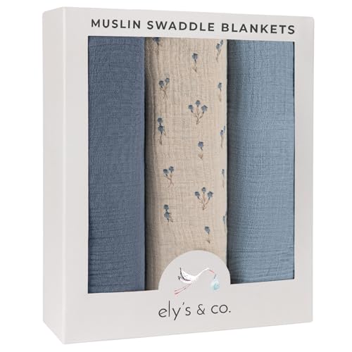 Image of Ely's & Co. Muslin Swaddle Blanket 3-Pack for Baby Boy— 100% Cotton Muslin Extra-Large Swaddle Blankets (47”x 47”) Blue Bluebell