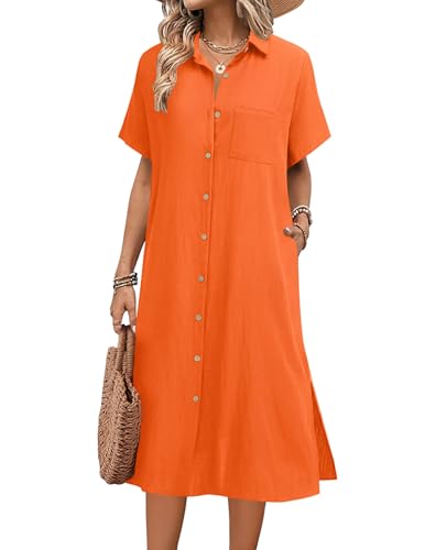 Image of HOTOUCH Womens Dress Summer Casual Midi Short Sleeve Button Down Shirt Dresses Loose Beach Cover Up with Pockets