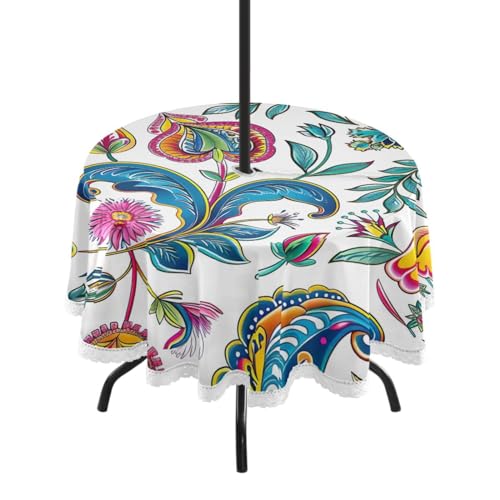 Wajiw 60 Inch Indoor Outdoor Round Tablecloth with Umbrella Hole and Zipper Waterproof Patio Table Cover for Camping Dining Room Party Outdoor Picnic,Paisley