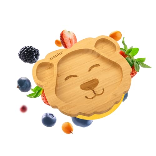 nohla ® Baby-Entwöhnungsplatte „Leo der Löwe“ aus Bambus, Saugnapf...