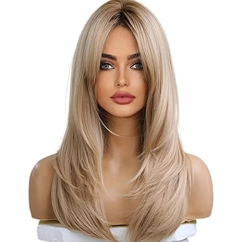 ONEUSTAR Long Blonde Wig for Women Layered Synthetic Heat Resistant Straight Hair Wig with Dark Roots Natural Realistic Wig for Daily Party, 23 Inch Cover