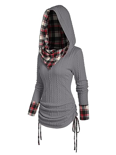 Image of ZEZCLO Women's Twisted Cable Knit Plaid Print Hooded Sweater Mock Button Ruched Shawl Neck Knit Top