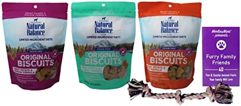 Natural Balance L.I.D. Small Breed Original Biscuits - Grain Free Sweet Potato - Dog Treats 3 Flavor Variety - (1) Each: Venison, Chicken, Fish (8 Ounces) - Plus Rope Toy and Fun Facts Booklet Bundle