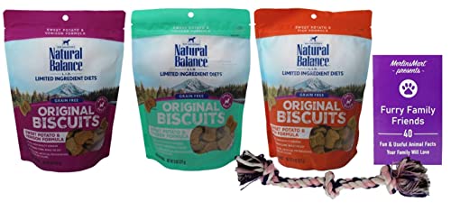 Natural Balance L.i.d. Small Breed Original Biscuits - Grain Free Sweet Potato - Dog Treats 3 Flavor Variety - (1) Each: Venison, Chicken, Fish (8 Ounces) - Plus Rope Toy And Fun Facts Booklet Bundle #TOP3