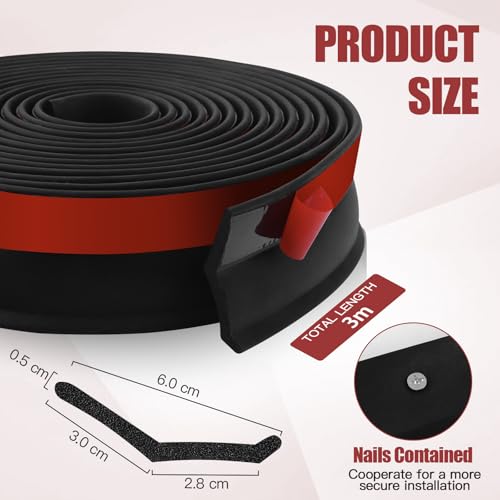 Garagentor Dichtung Garage Tür Gummidichtung selbstklebend Dichtungsstreifen universal Dichtung Garagentor Gummilippe mit Nägeln für Lagerhallen (Moosgummi, 3m)