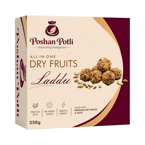 Image of POSHAN POTLI All in One Dry Fruits Laddu 250g Traditional Indian Sweet with Mixed Nuts and Seeds Soft Texture Ready to Eat Snack for Daily Use Festive Serving Home Storage Pack