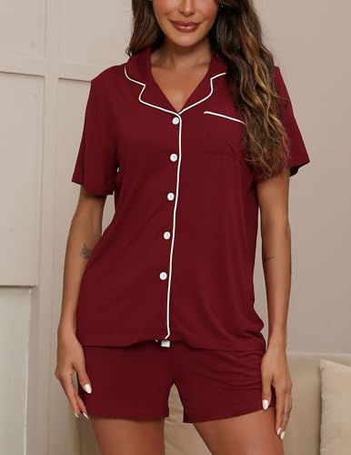 Image of ZMJ Pajamas for Women Set 2 Piece Pj Short Sets Bride Sleepwear Button Up Wine Red 3XL