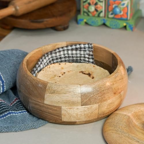 Image of Sanjeev Kapoor By OGGN Mango Wood 9 x 9 x 4 Inch, Casserole for Roti Hot Case | Wooden Roti Box | Hot Case Casserole | Big Chapati Storage Box for Home & Kitchen - Premium Wood Elegant Design