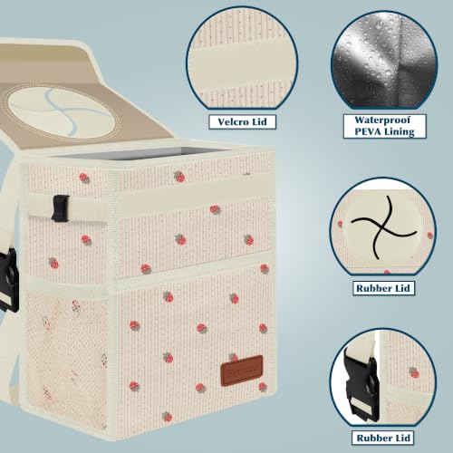 Image of Femuar Leak Proof Car Trash Can with Lid, Collapsible Hanging Waterproof Car Trash Bag with Mesh Pocket for SUV Front Seat Headrest, Beige Strawberry
