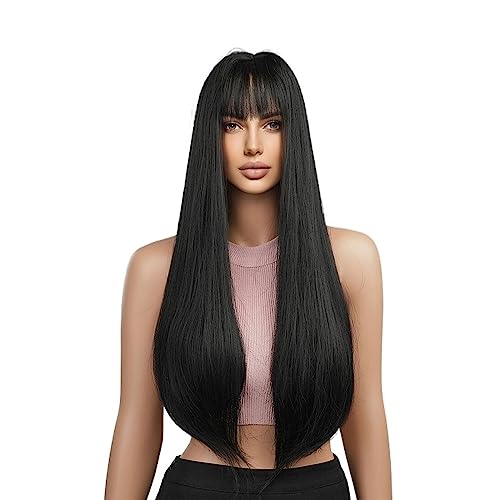 Perruques synthétiques noires thermorésistantes cheveux longs lisses pour soirée cosplay
