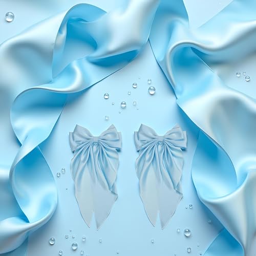 2 Pinzas de Pelo con Lazo Jumbo de Satén Seda, Clips franceses metálicos grandes para Mujeres y Niñas, Azul Claro miniatura 5