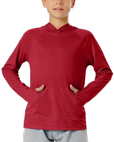 Image of Boys Rash Guard Long Sleeve Hoodie Swim Shirt with Pocket Youth Kids UPF 50+ Sun Protection Fishing Shirts Thumb Hole